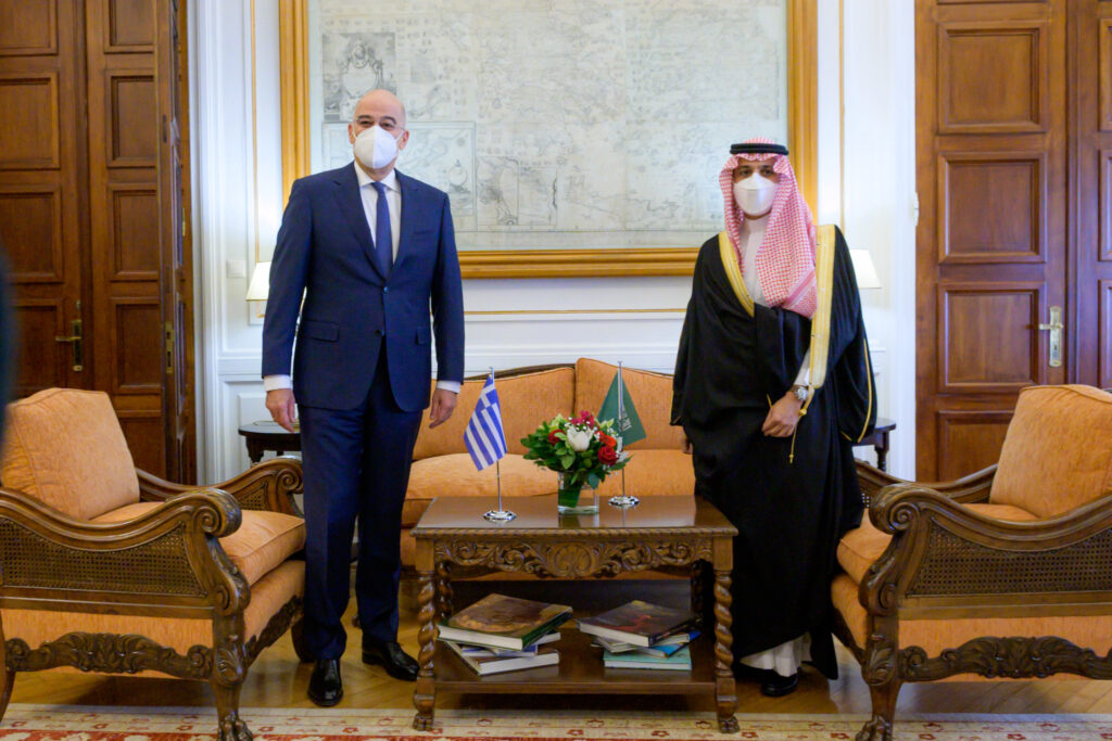 Saudi Arabia FM Faisal Bin Farhan Al-Saud and Nikos Dendias