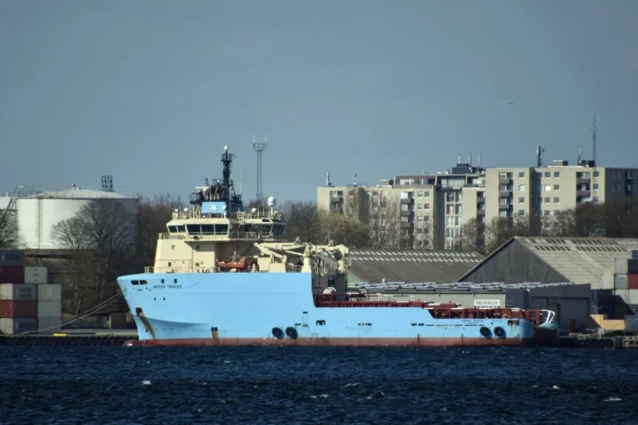 The offshore support vessel Abeille Marengo, formerly Maersk Tracer, at Fredericia in 2023
