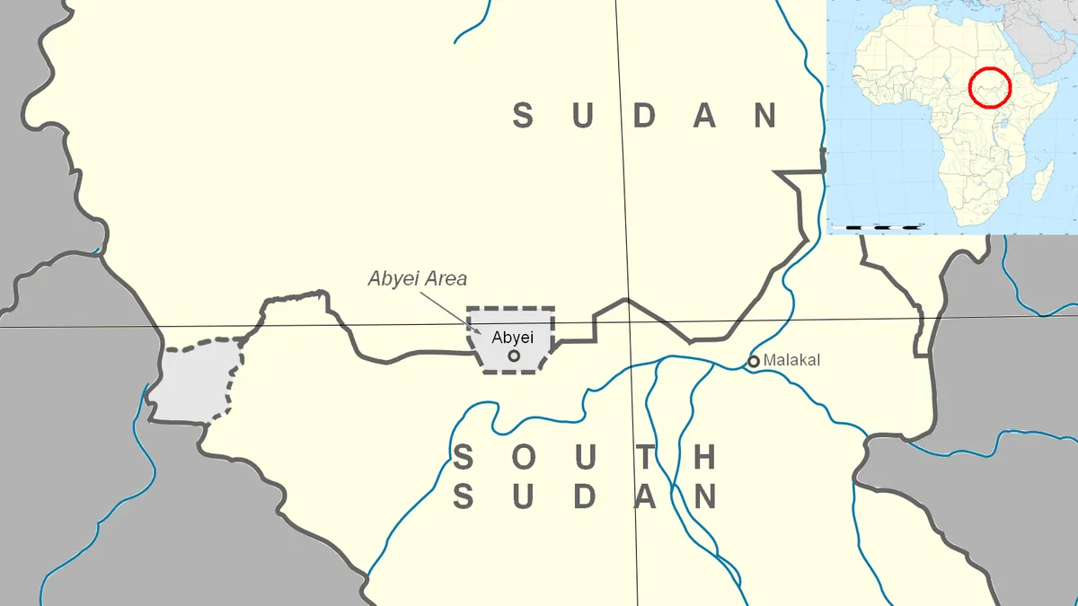 Map showing the Abyei Area on the border between Sudan and South Sudan, with an inset locating it in Africa