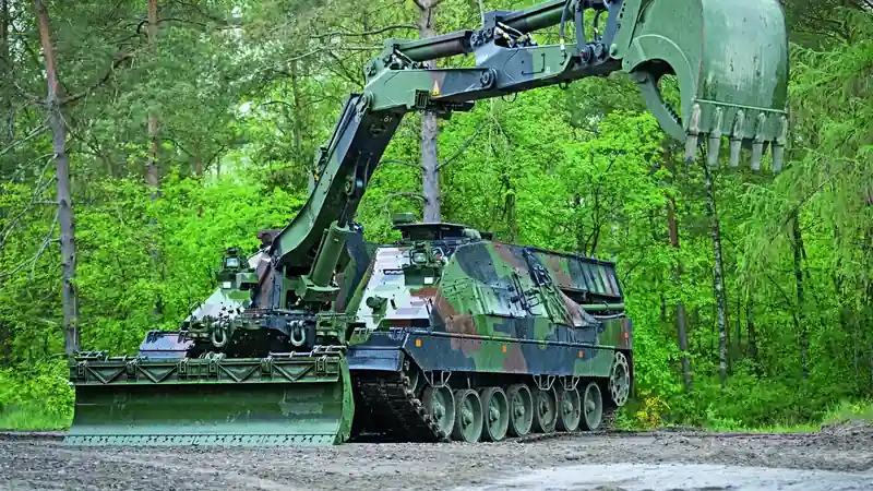 The AEV 3 Kodiak armoured engineer vehicle with excavator arm and dozer blade