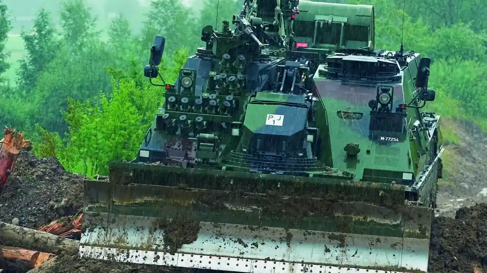 The adjustable dozer blade of the AEV 3 Kodiak
