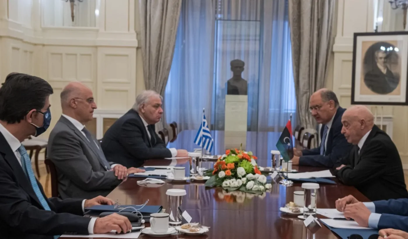 Aguila Saleh, speaker of the Libyan House of Representatives, meeting Greek Foreign Minister Nikos Dendias in Athens