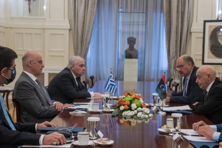 Aguila Saleh, speaker of the Libyan House of Representatives, meeting Greek Foreign Minister Nikos Dendias in Athens