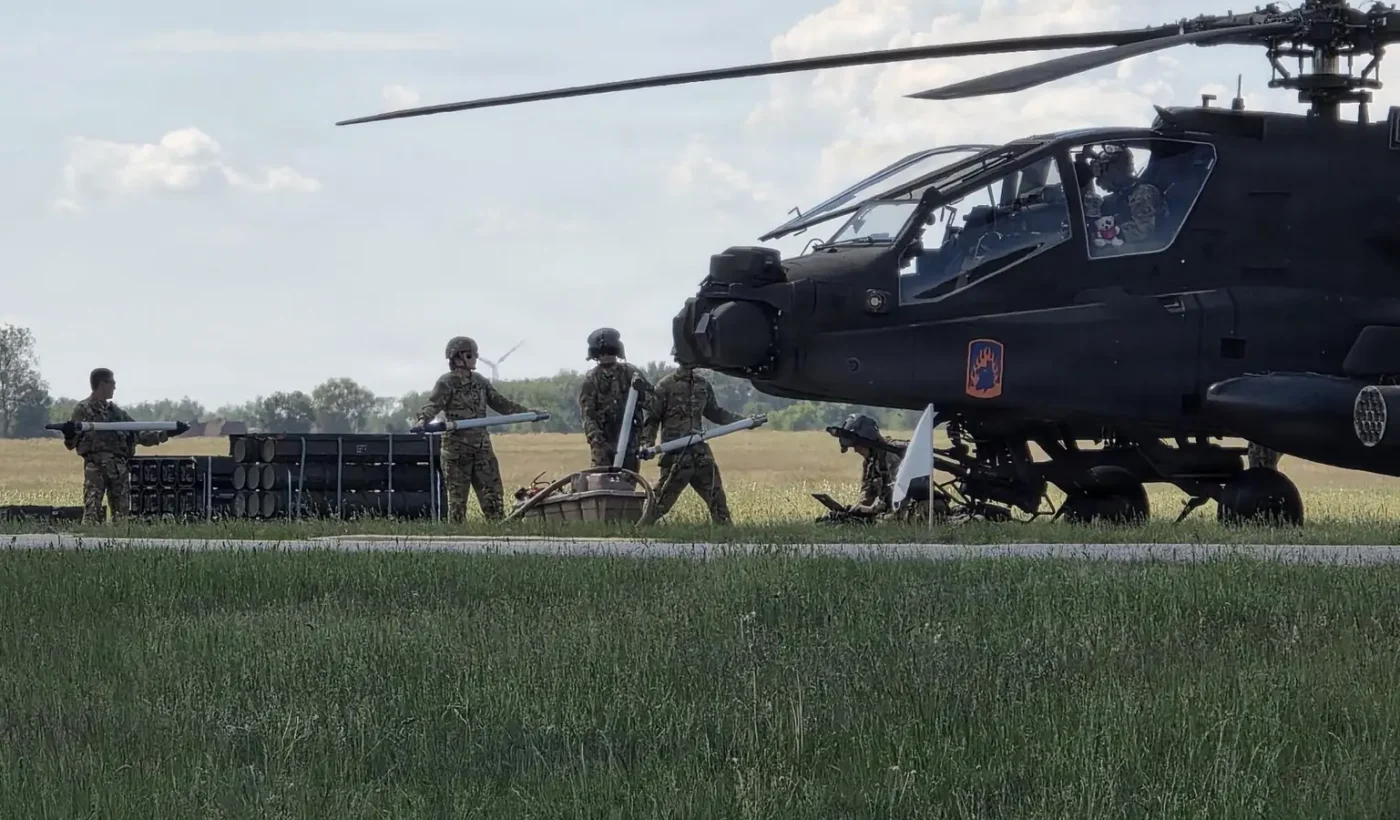 An AH-64E Apache attack helicopter of the 12th Combat Aviation Brigade, US Army, in Poland