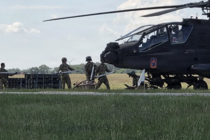 An AH-64E Apache attack helicopter of the 12th Combat Aviation Brigade, US Army, in Poland