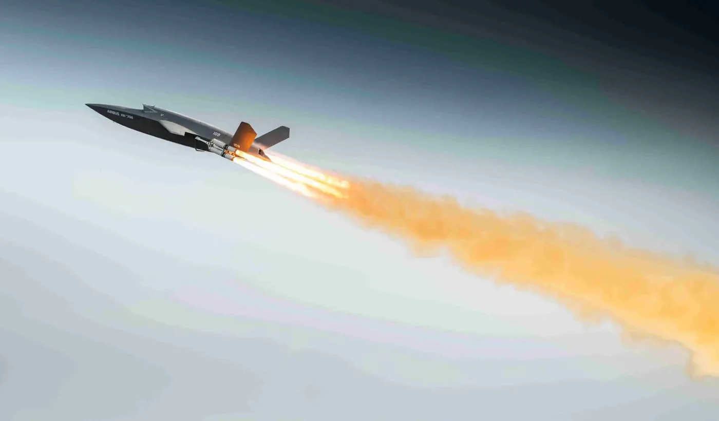 The Airbus U740 Valkyrie uncrewed combat aircraft launching with a rocket booster during its first flight in Europe