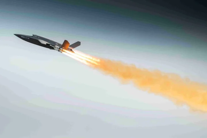 The Airbus U740 Valkyrie uncrewed combat aircraft launching with a rocket booster during its first flight in Europe