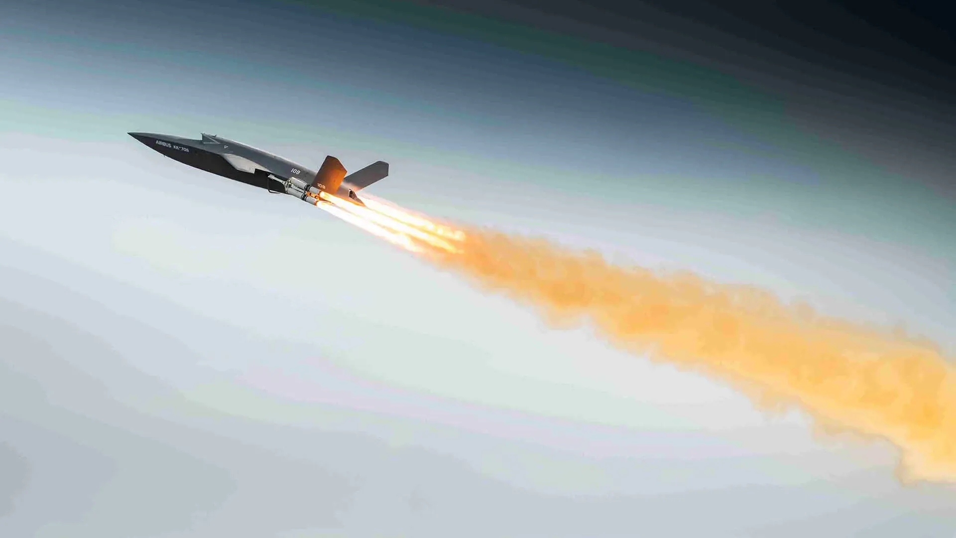 The Airbus U740 Valkyrie uncrewed combat aircraft launching with a rocket booster during its first flight in Europe