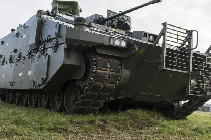 An Ajax armoured vehicle at a 3rd (UK) Division combined arms manoeuvre demonstration on Salisbury Plain, October 2016