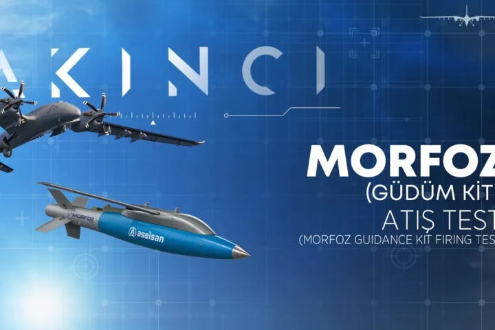 Baykar graphic showing an Akinci drone and the Aselsan Morfoz guidance kit with the text Morfoz guidance kit firing test
