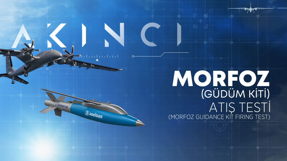 Baykar graphic showing an Akinci drone and the Aselsan Morfoz guidance kit with the text Morfoz guidance kit firing test