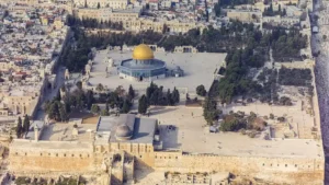 Aerial view of the Al-Aqsa Mosque compound and the Dome of the Rock in the Old City of Jerusalem, from the south