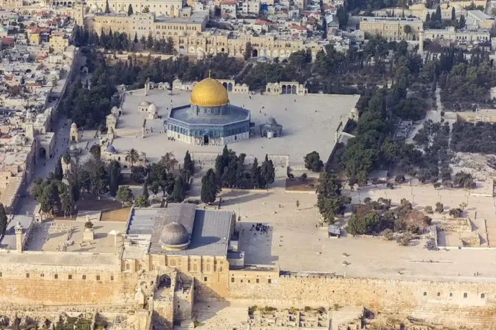 Aerial view of the Al-Aqsa Mosque compound and the Dome of the Rock in the Old City of Jerusalem, from the south