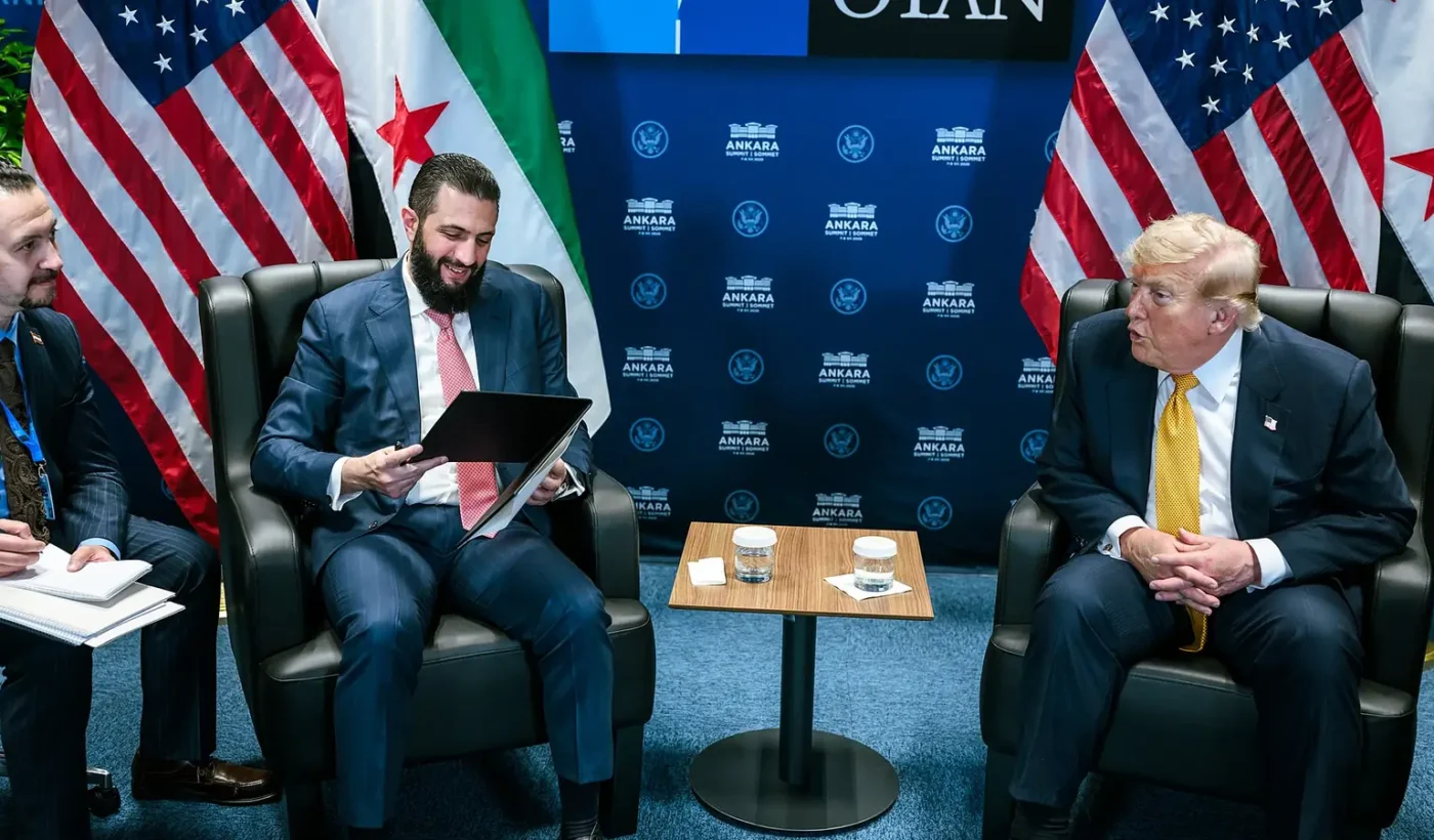 Syrian President Ahmed al-Sharaa and US President Donald Trump during their meeting on the sidelines of the NATO summit in Ankara