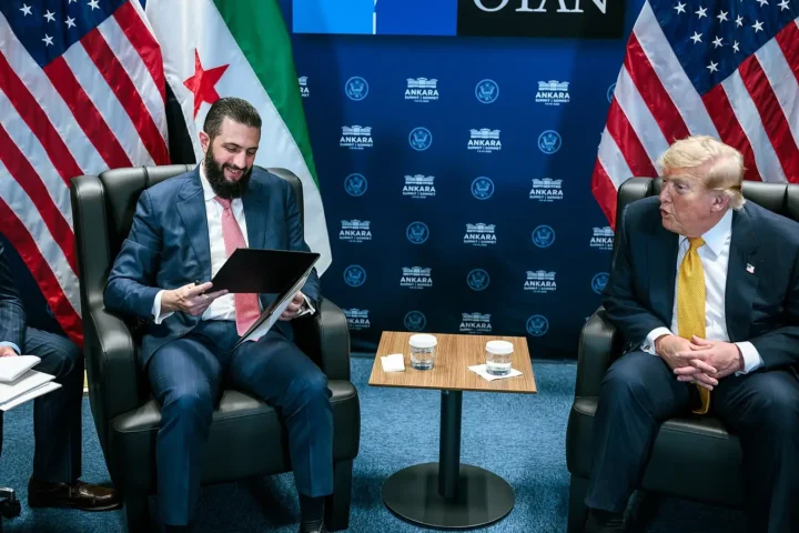 Syrian President Ahmed al-Sharaa and US President Donald Trump during their meeting on the sidelines of the NATO summit in Ankara