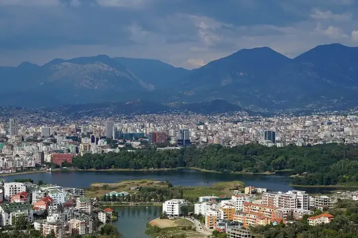 View of Tirana from the south, with the city and mountains behind it