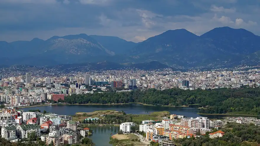 View of Tirana from the south, with the city and mountains behind it