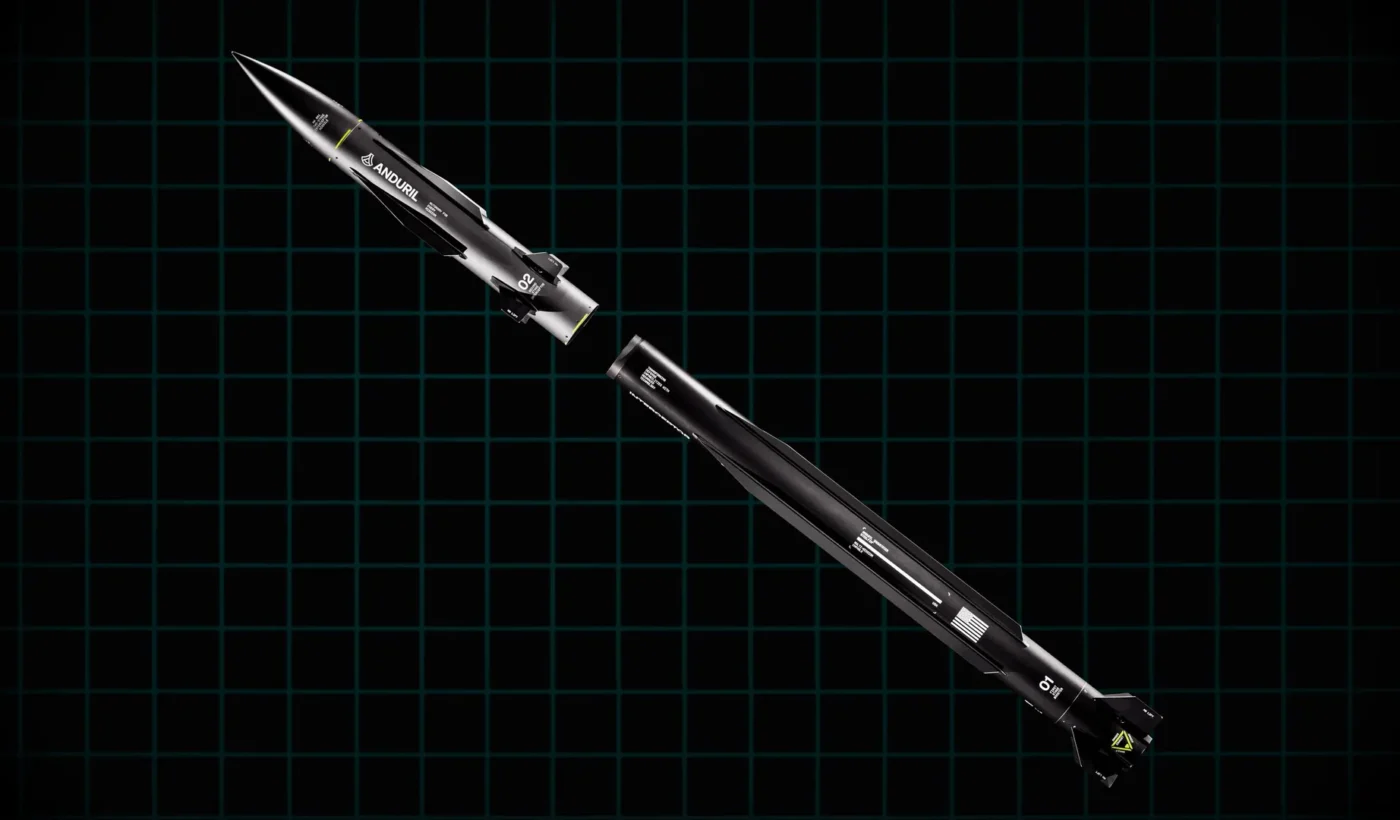 Illustration of the two-stage Anduril Steelfin interceptor, with the booster below and the seeker stage above