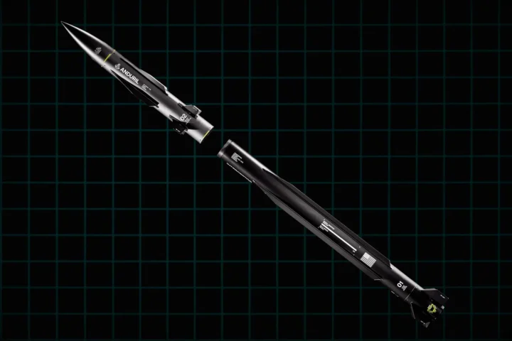 Illustration of the two-stage Anduril Steelfin interceptor, with the booster below and the seeker stage above