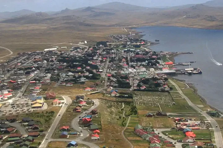 Aerial view of Stanley, the capital of the Falkland Islands, beside its harbour