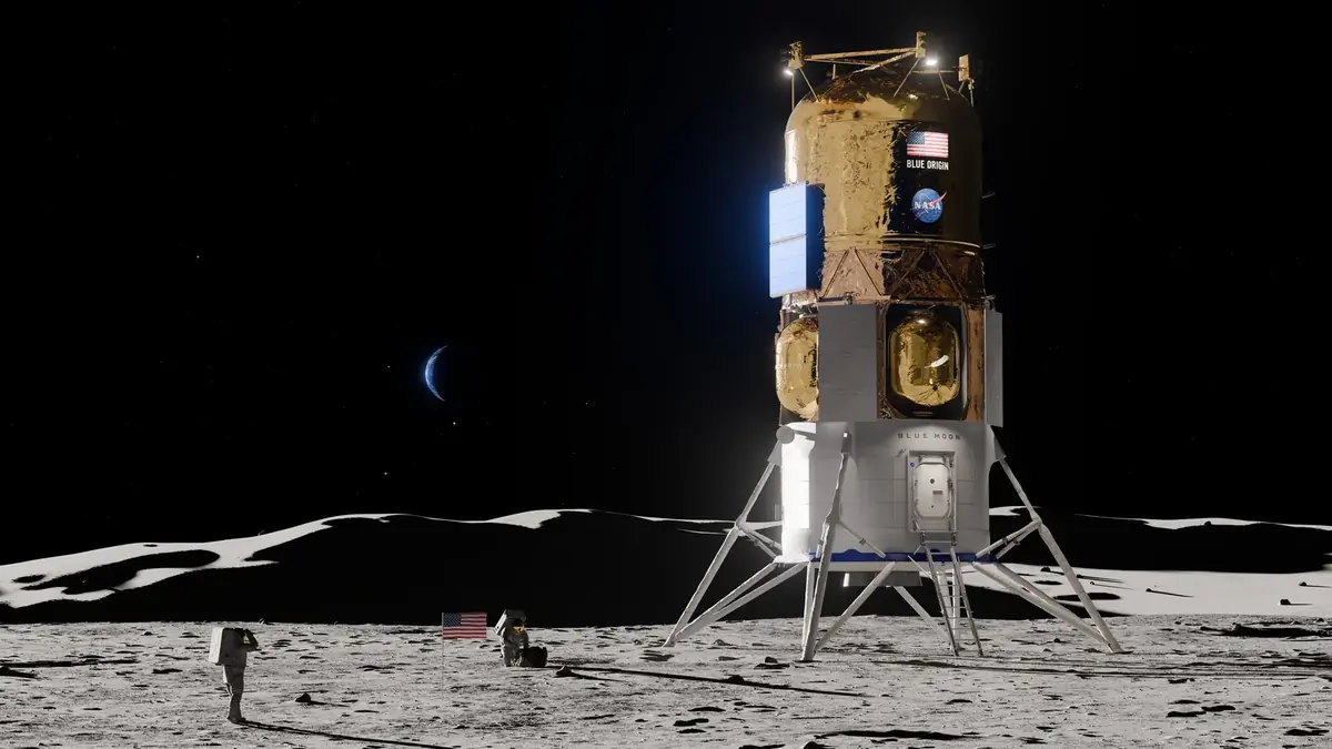 Artist’s rendering of Blue Origin’s Blue Moon Mark 2 lander on the Moon, with astronauts beside the roughly 16-metre vehicle