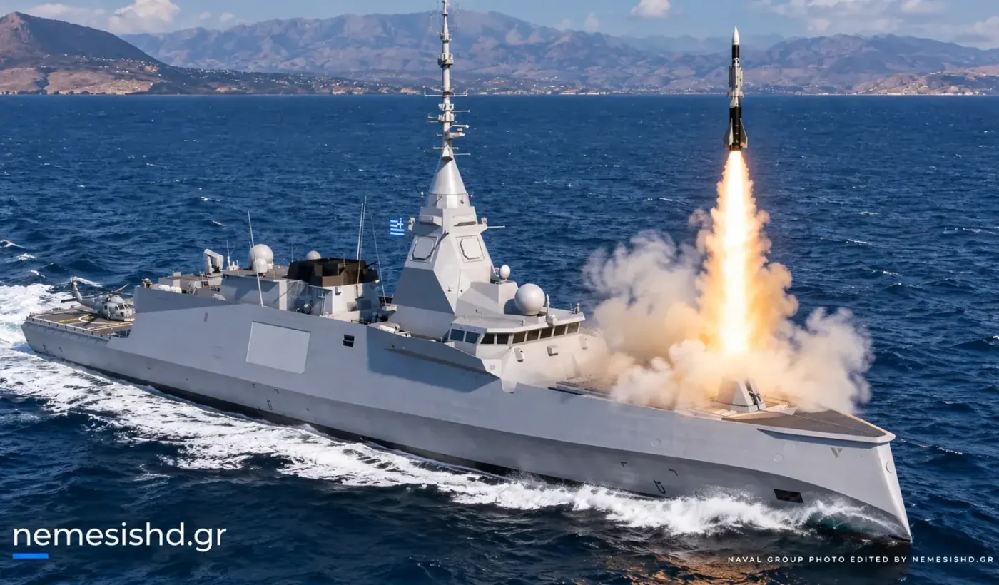 Digital rendering of an Aster 30 missile launching from an FDI frigate flying the Greek flag, with a coastline in the background