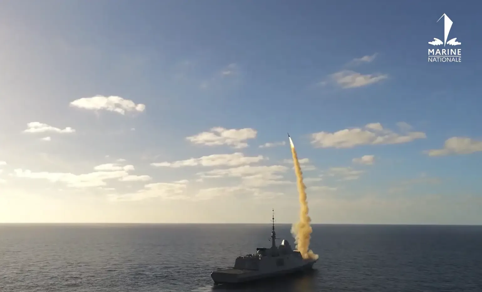 An Aster 30 missile launched from a French Navy FREMM frigate