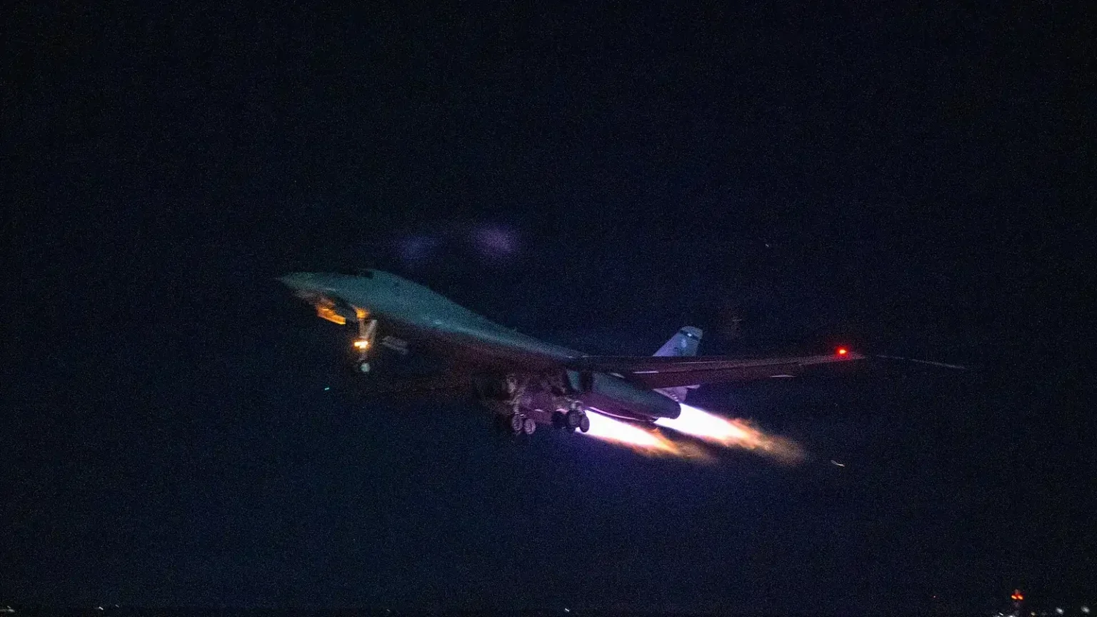 US Air Force B-1B Lancer takes off at night on March 6, 2026, archive photograph