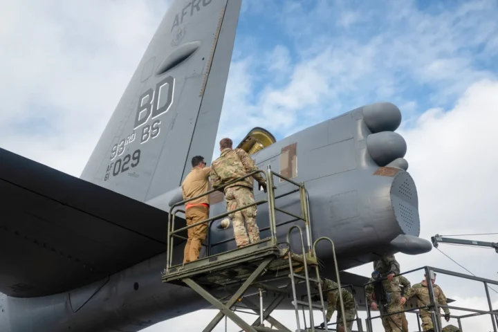 Technicians of the 307th Bomb Wing working on a B-52H Stratofortress bomber at RAF Fairford