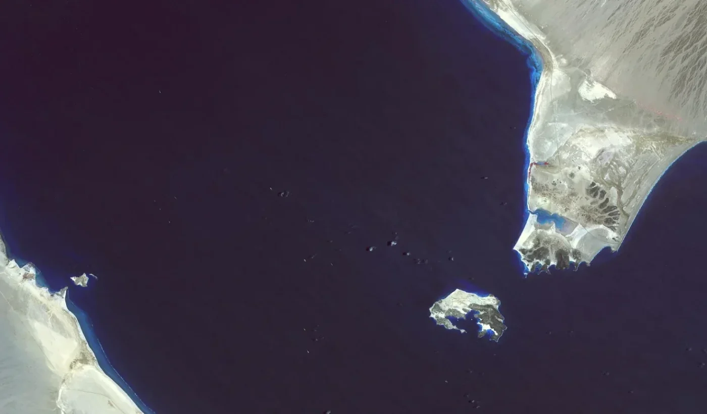 Archival satellite view of Bab el-Mandeb, Perim Island and the coasts of Yemen and Africa