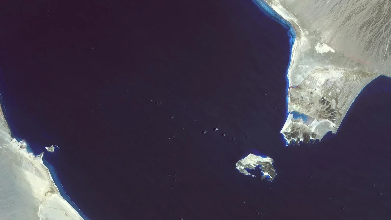 Archival satellite view of Bab el-Mandeb, Perim Island and the coasts of Yemen and Africa
