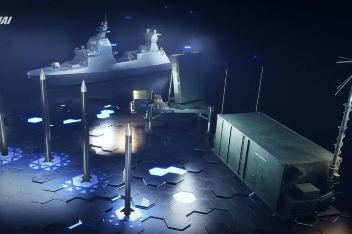 Interceptor missiles of IAI’s Barak MX family in front of a ground launcher and a warship