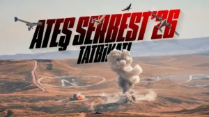 Promotional image for the Ateş Serbest 26 exercise showing Baykar drones above a range with a ground explosion