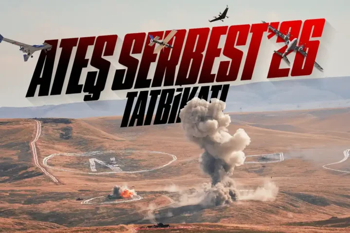 Promotional image for the Ateş Serbest 26 exercise showing Baykar drones above a range with a ground explosion
