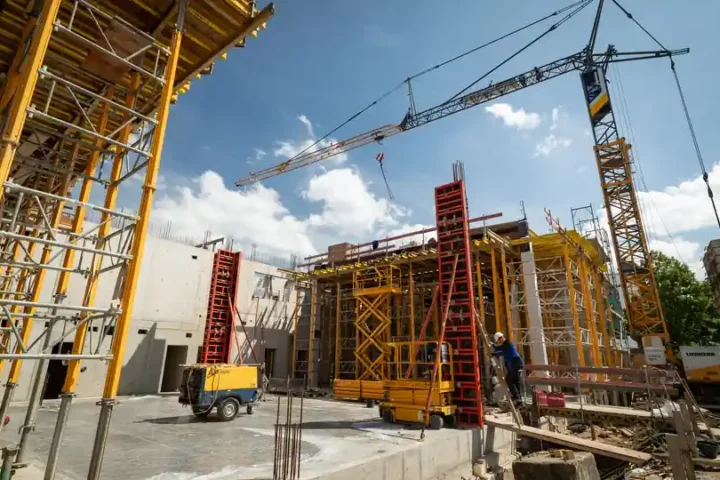 Construction site with scaffolding and a crane at the new energy centre of the Bundeswehr Central Hospital in Koblenz