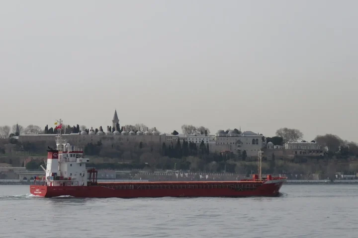 A red-hulled general cargo ship sails along the Bosphorus with the buildings of Topkapı Palace on the shore behind it
