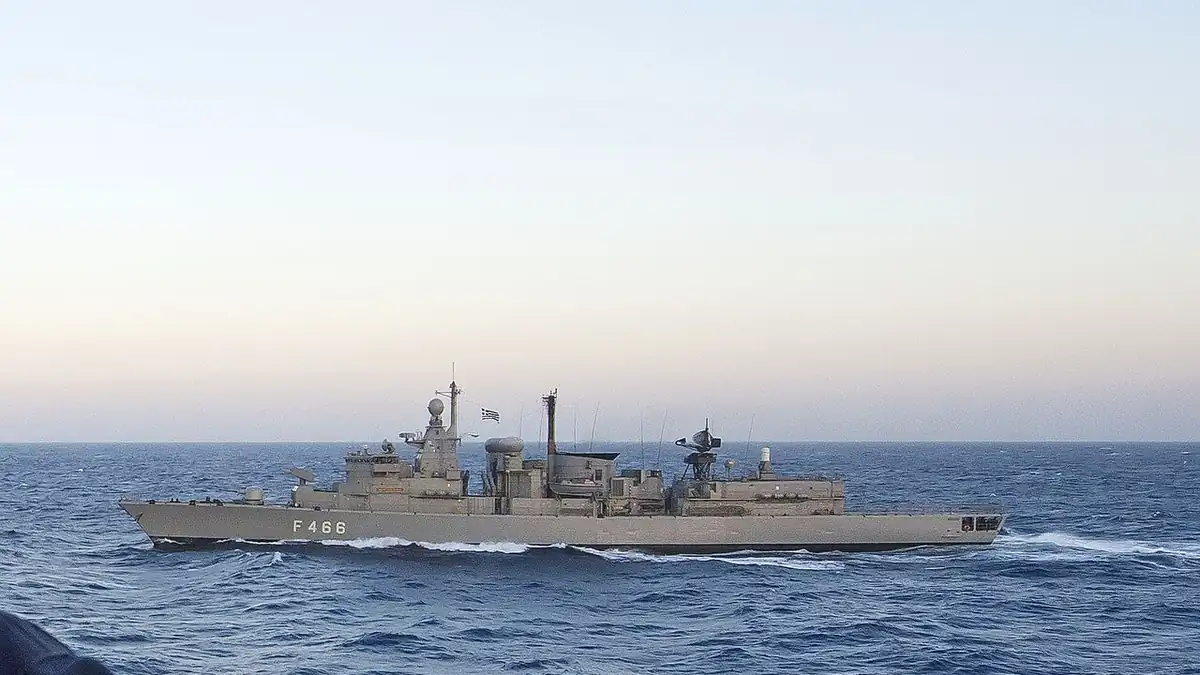 Hellenic Navy frigate Nikiforos Fokas (F466) at sea, 2014 archive photo