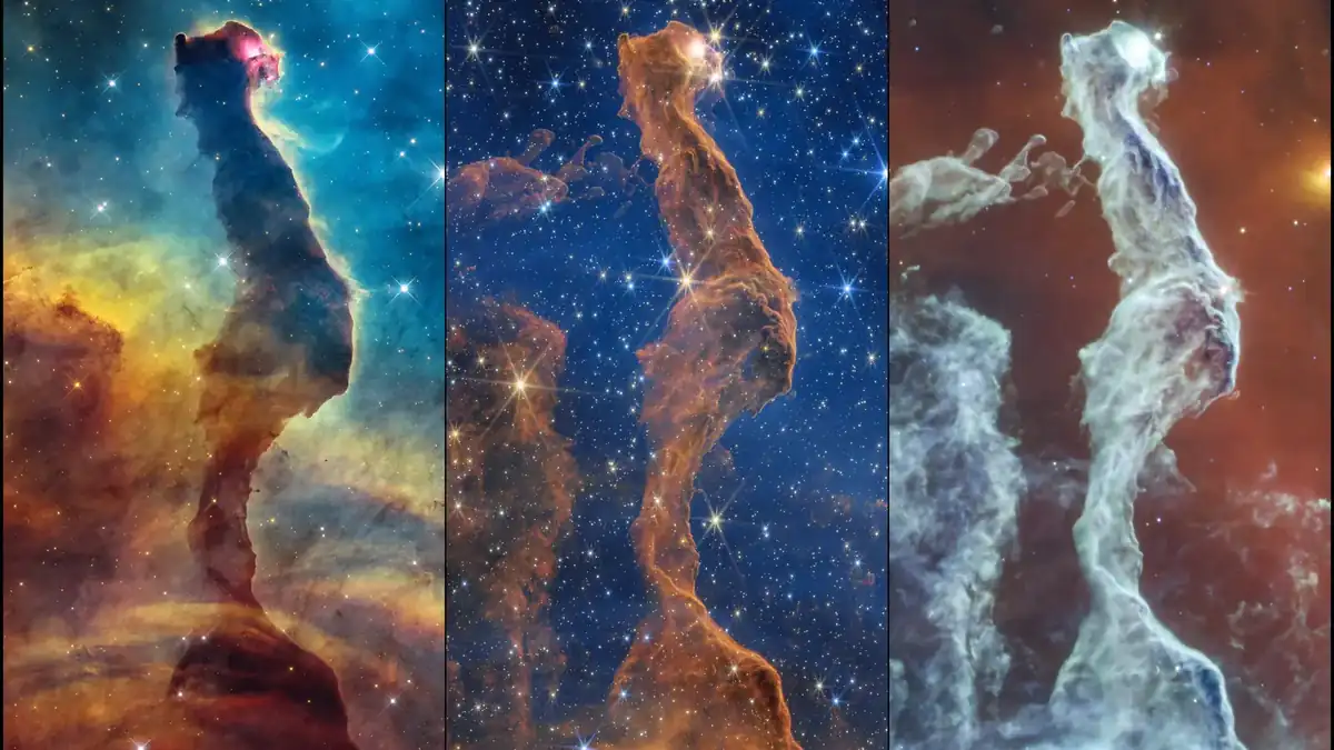 The Cat's Head Nebula in the Carina Nebula as seen by Hubble in visible light (left) and by Webb in the near-infrared (centre) and mid-infrared (right)