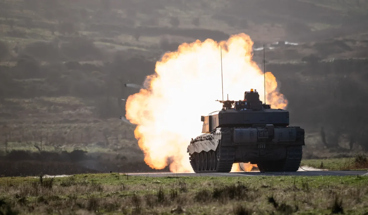 British Challenger 3 main battle tank on a firing range as it fires its main gun