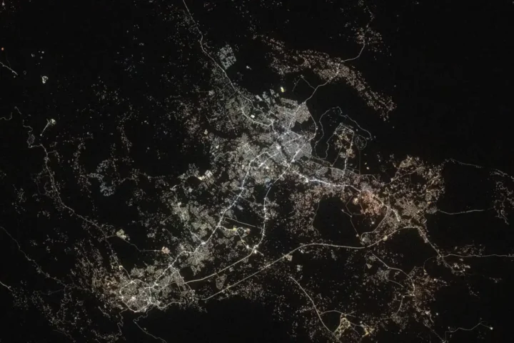 The lights of the Saudi Arabian cities of Abha and Khamis Mushait at night, photographed from the International Space Station