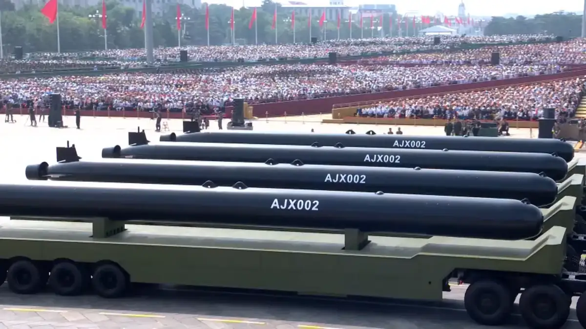 Chinese AJX002 extra-large unmanned underwater vehicles on parade trucks in Beijing