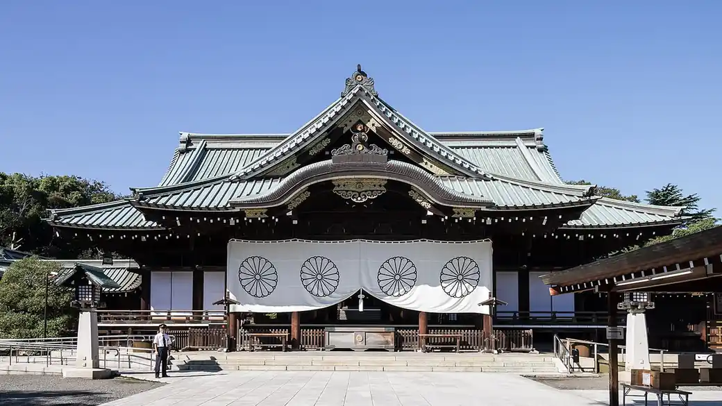 The haiden, the main worship hall of Yasukuni Shrine in Tokyo