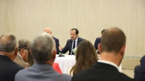 Cypriot President Nikos Christodoulides meeting the mayor and council of Morphou and a European Parliament delegation at the Presidential Palace