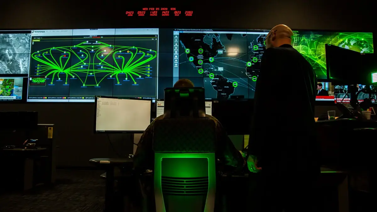 Network monitoring screens in the US Marine Corps cyber operations center at Fort Meade
