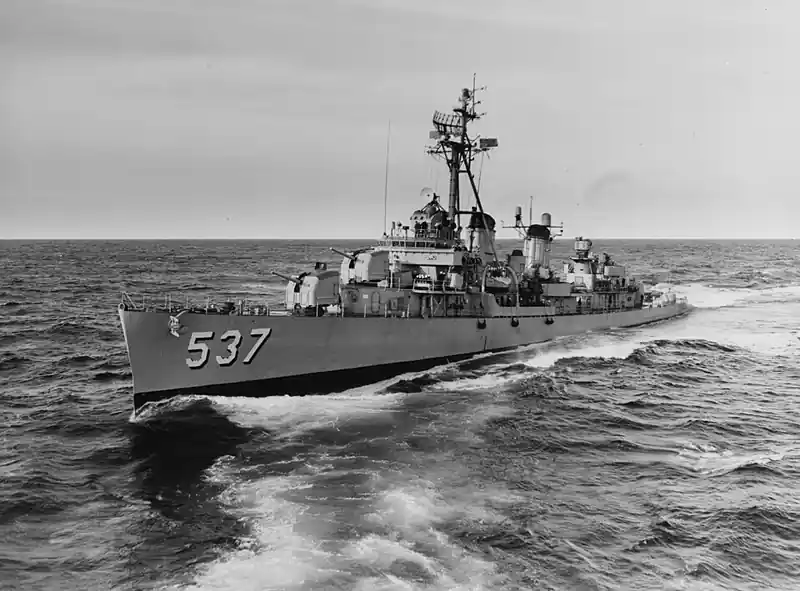 The U.S. Navy destroyer USS The Sullivans underway at sea, 29 October 1962