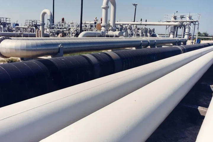 Crude oil pipes at the Bryan Mound site of the US Strategic Petroleum Reserve near Freeport, Texas