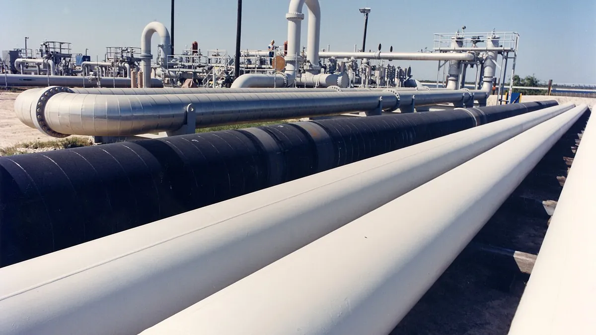 Crude oil pipes at the Bryan Mound site of the US Strategic Petroleum Reserve near Freeport, Texas