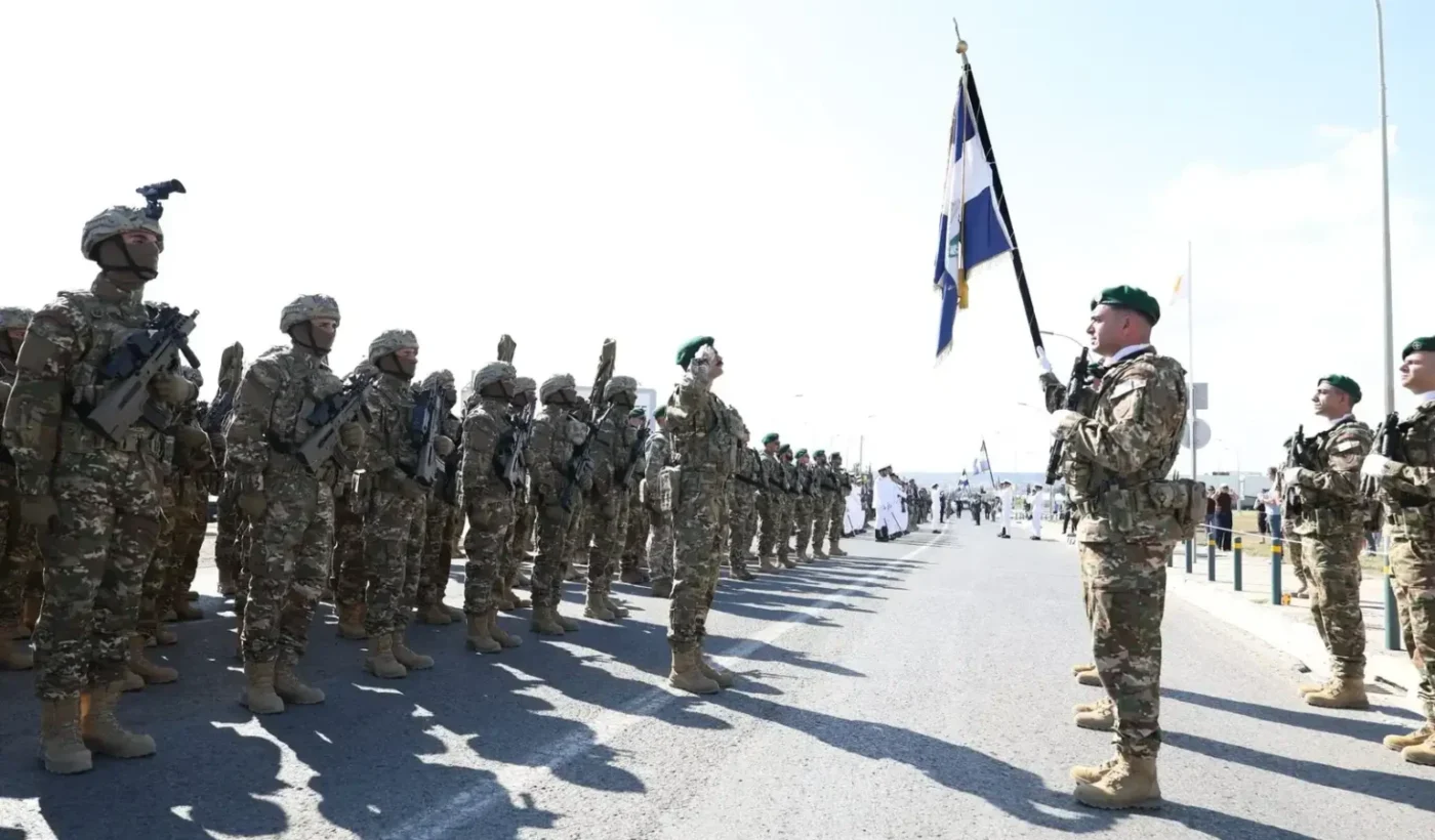 Greek military contingent carrying a flag during the Cyprus independence parade in Nicosia on October 1, 2026