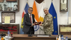 Lt. Gen. Emmanouil Theodorou, chief of the Cyprus National Guard, with Indian Defence Secretary Rajesh Kumar Singh at the National Guard General Staff
