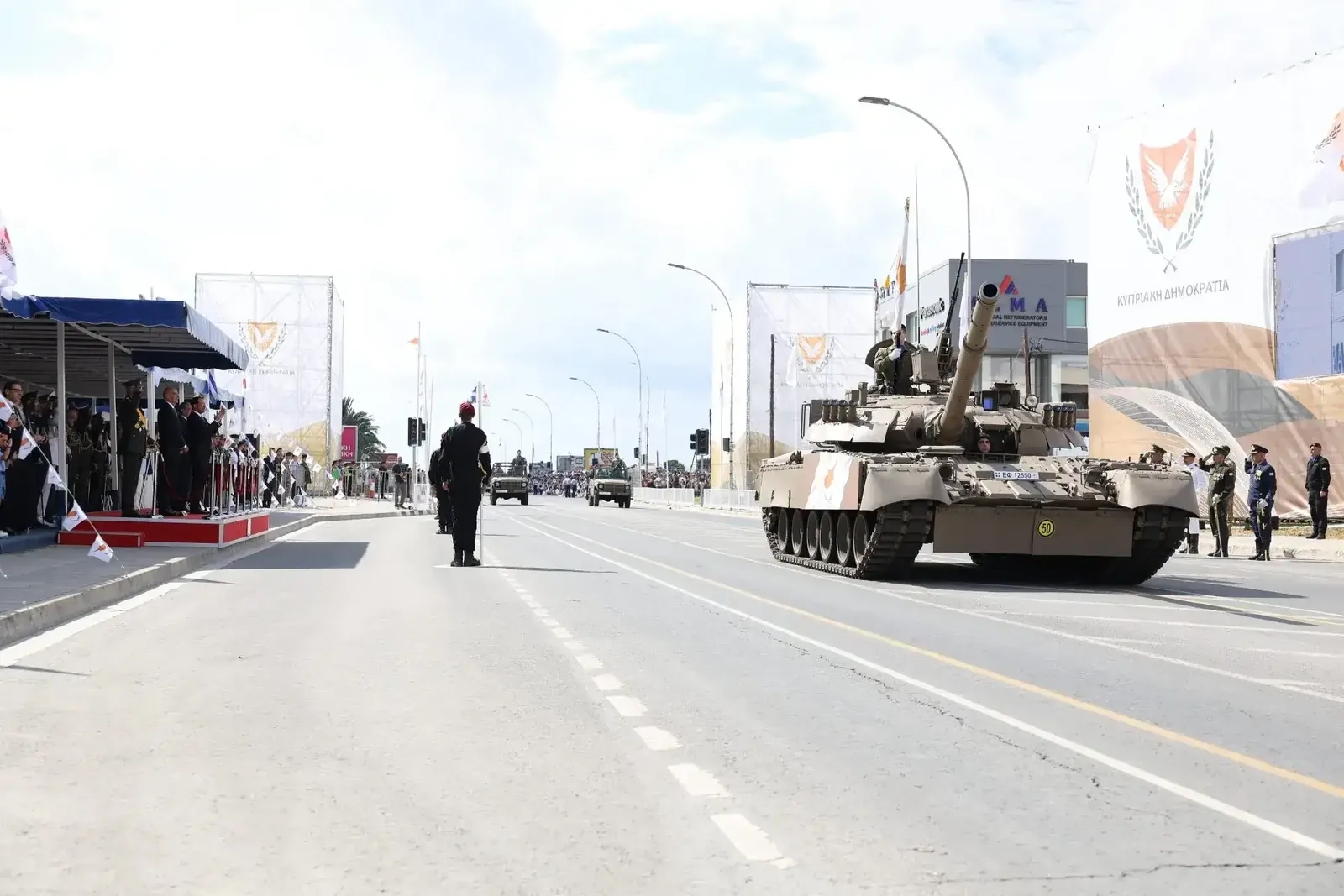 A T-80U main battle tank of the Cypriot National Guard drives past the reviewing stand during the October 1, 2026 parade in Nicosia